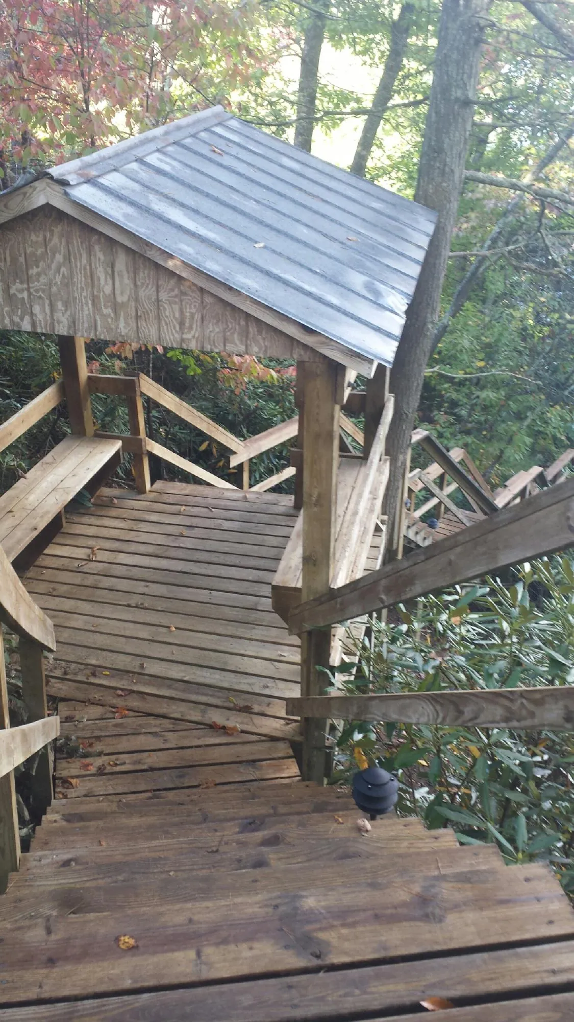 Metal roofed shelter over wooden steps on a wooded walkway — Skylight Repair & Installation work by our crew in Rachel